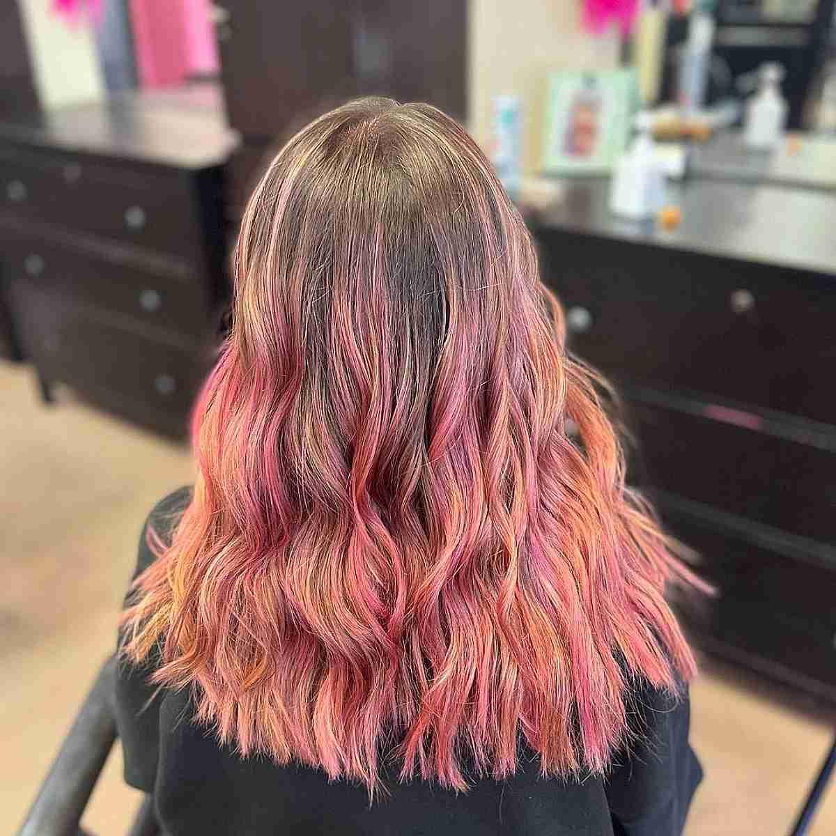 Vivid Rose Gold and Pink Balayage Highlights