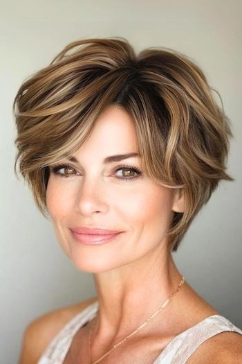 Voluminous Layered Pixie Bob Haircut on a smiling woman with highlighted brown hair.