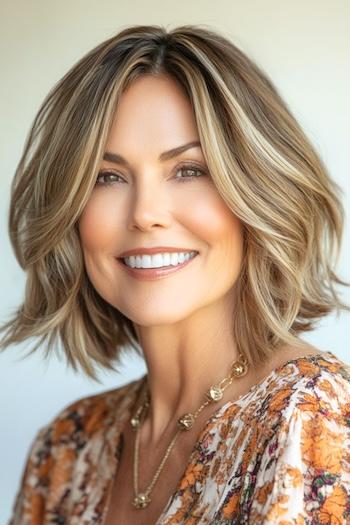 Voluminous Wavy Blunt Bob Haircut on a smiling woman with highlighted brown hair.