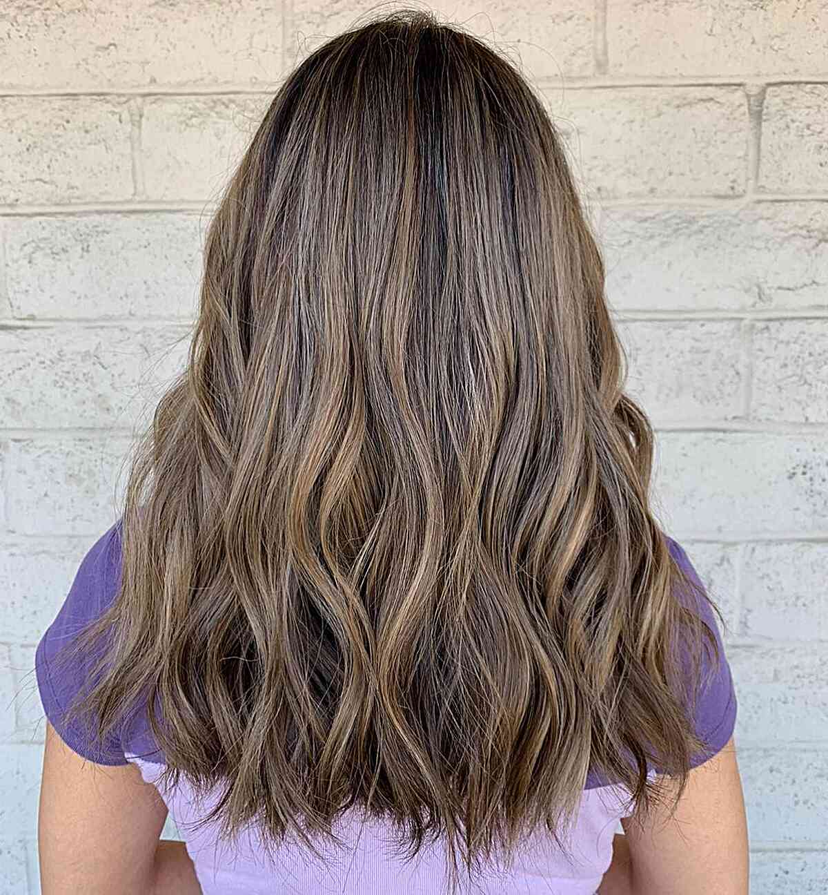 Warm Ash Bronde Balayage for Medium-Length Waves