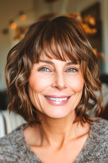 Wavy Bob With Bangs Hairstyle on a smiling woman with brown hair.