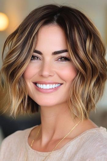 Wavy Choppy Bob Hairstyle on a smiling woman with brown hair and blonde highlights.