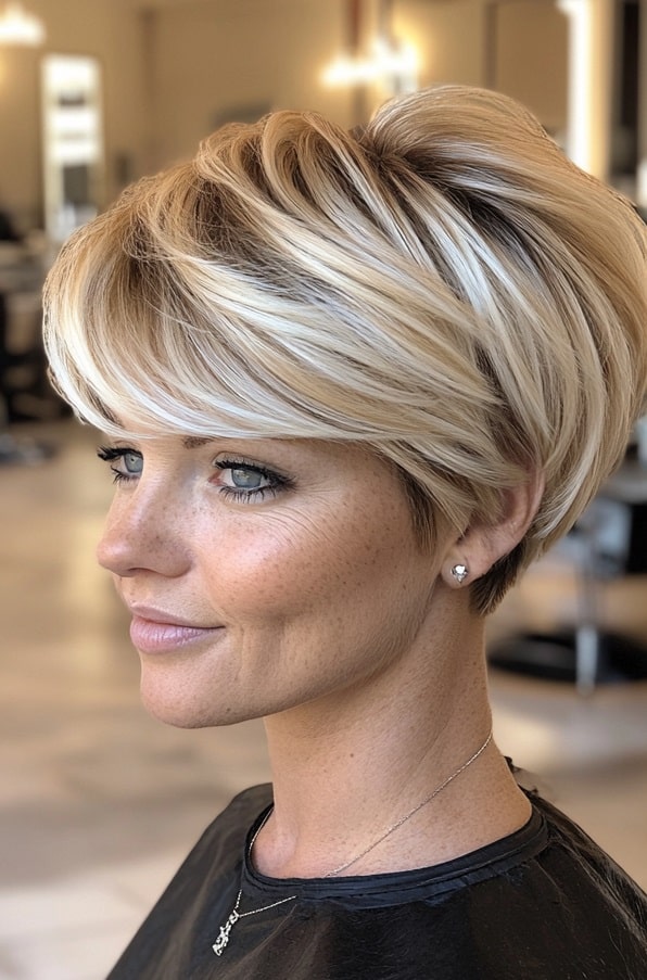 Layered Blonde Pixie Cut with Side-Swept Bangs