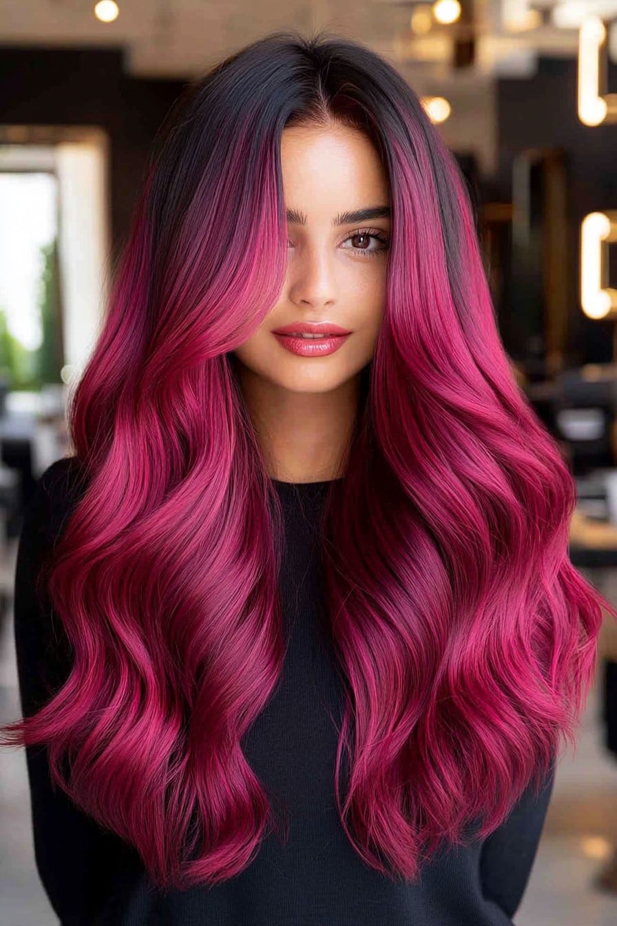 Raspberry Red Balayage on Long Waves