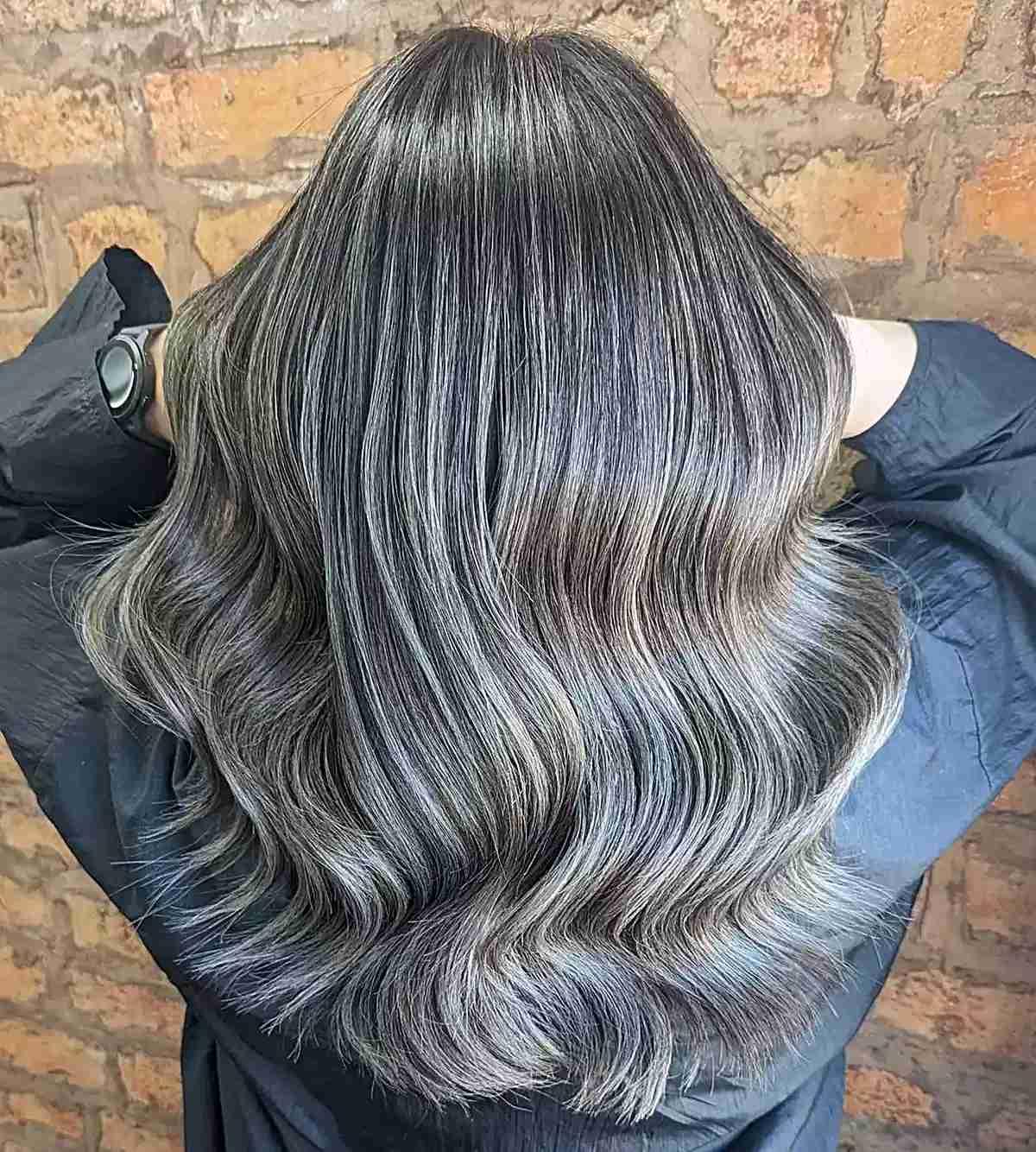 Ash Grey Balayage Babylights with medium-length Big Waves