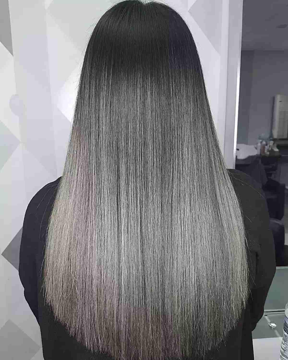 Ash Grey Balayage with Hints of Metallic Brown for U-Cut Long Straight Hair