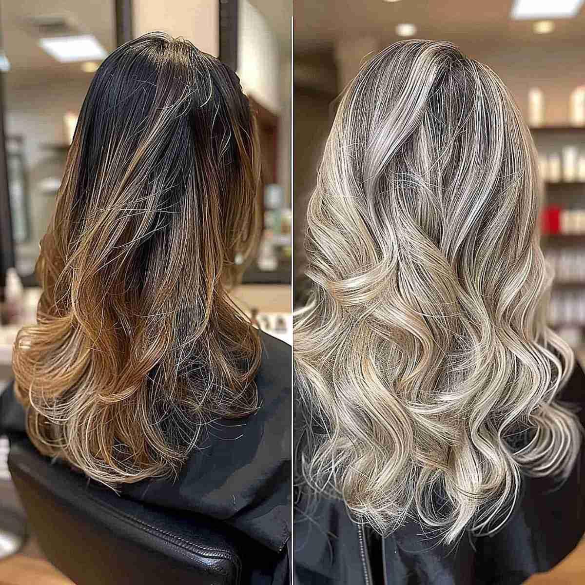 Before and after of blonde highlights transition on dark hair showing warm to cool tones