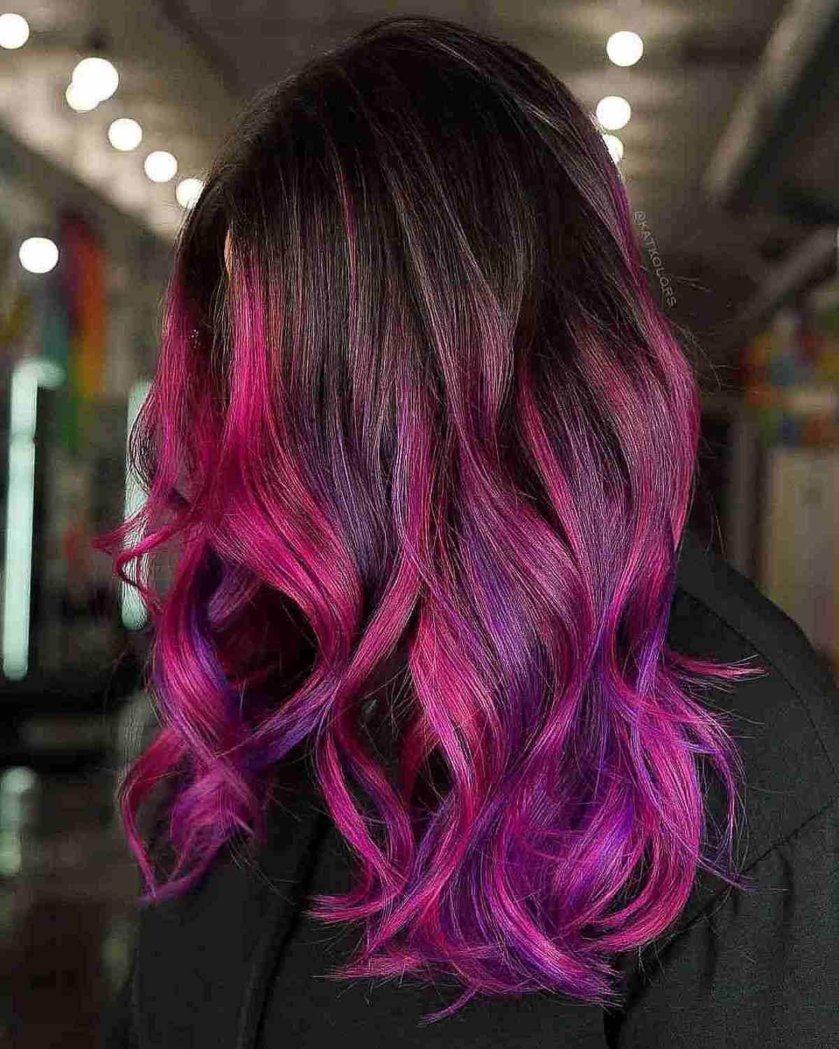 Black to Pink-Purple Ombre on Mid-Length Wavy Hair