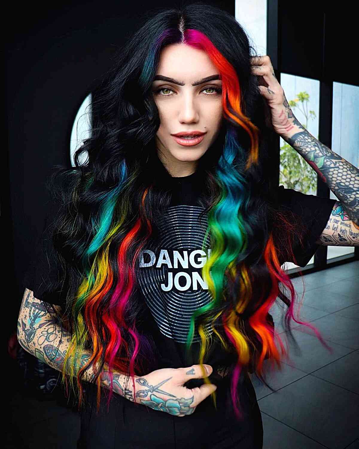 Black Tresses with Rainbow Highlights and a rainbow money piece