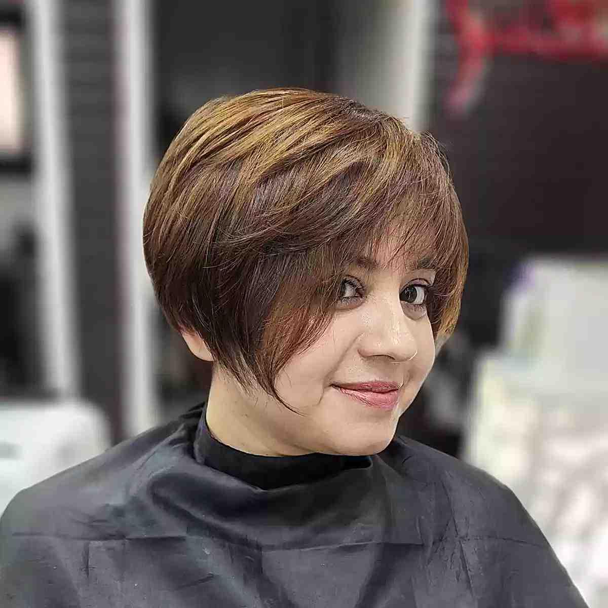 Blended Dark Golden Brown and Blonde on a Short Pixie Bob for Fine Hair