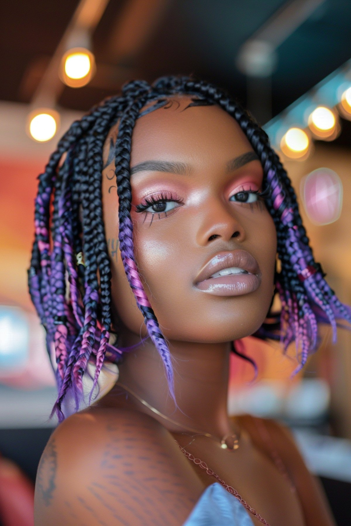 Box braids with purple highlights in a short, edgy hairstyle