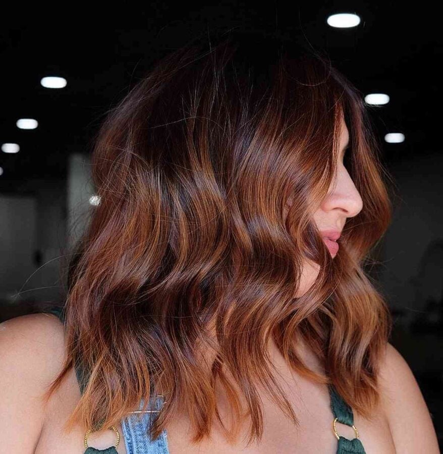 Brick Red Balayage Wavy Bob