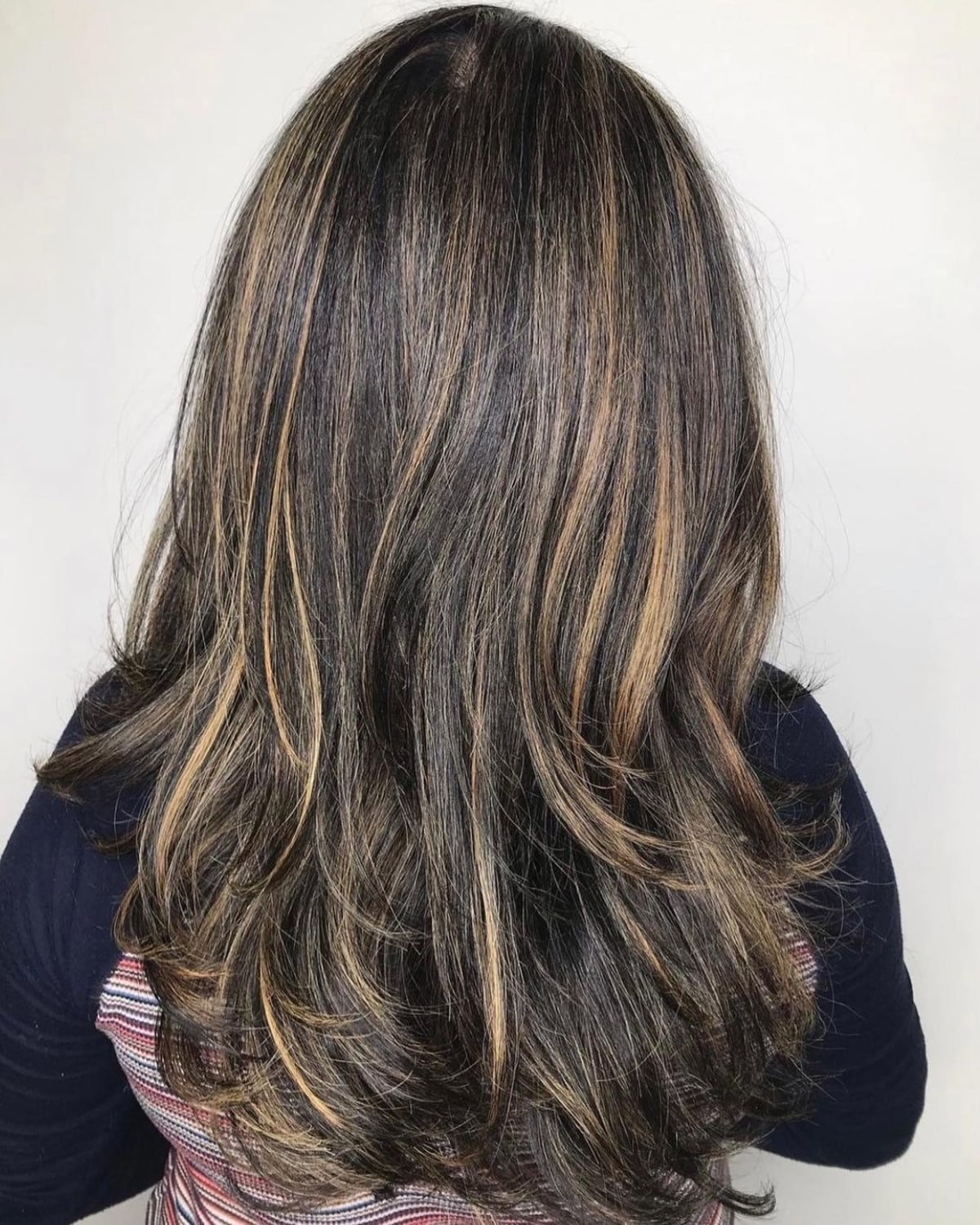 Bright full highlights on thick black tresses