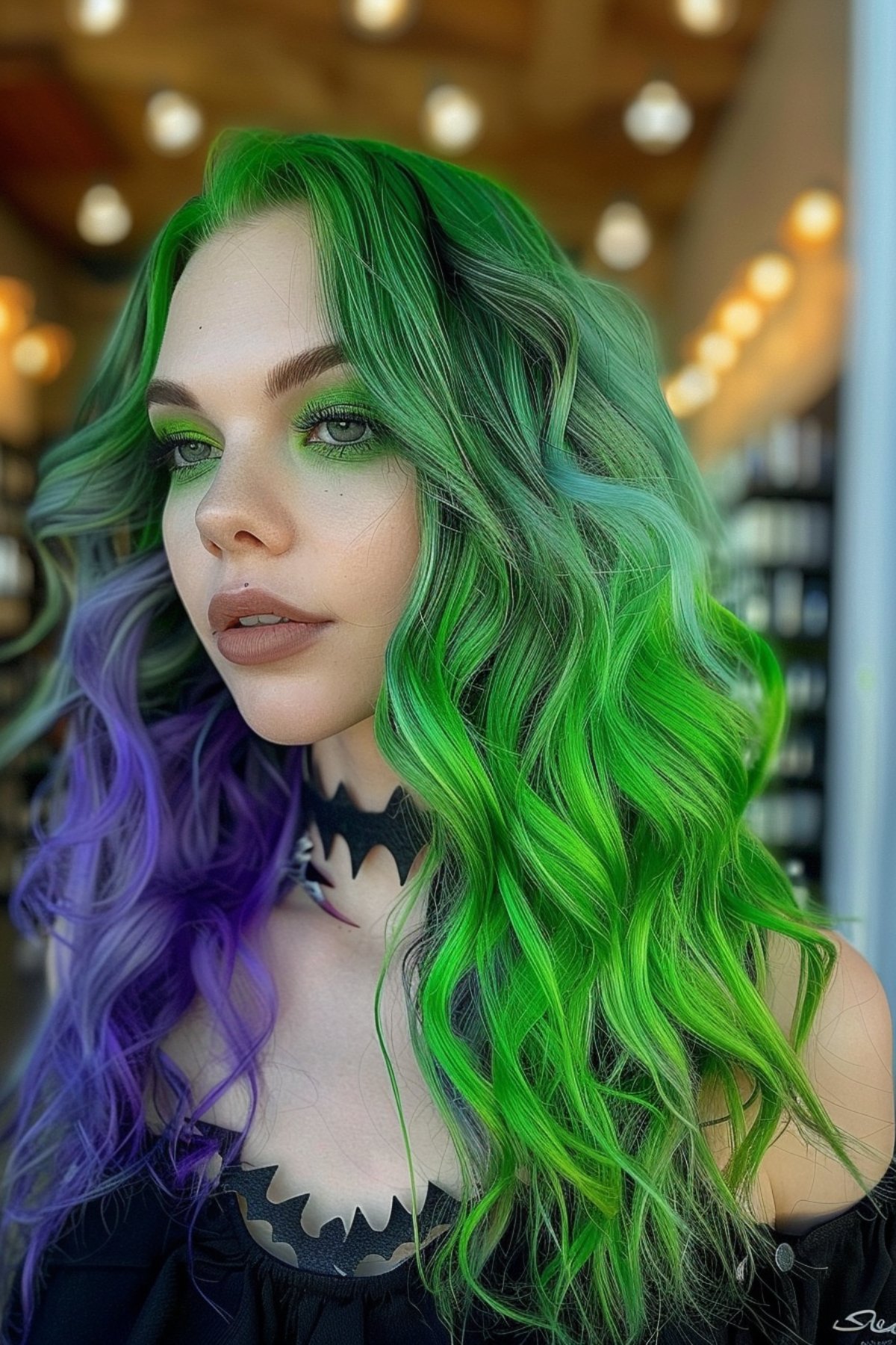 Bright green wavy hair with dark roots for a bold Halloween color style