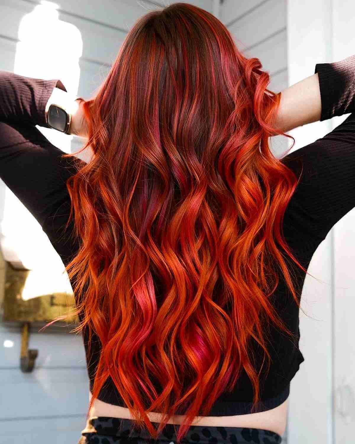 Bright Red Balayage Highlights