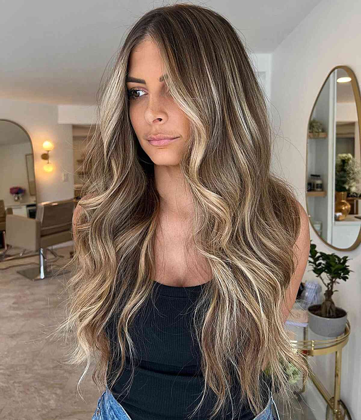 Brown Long Hair with Beige Blonde Highlights