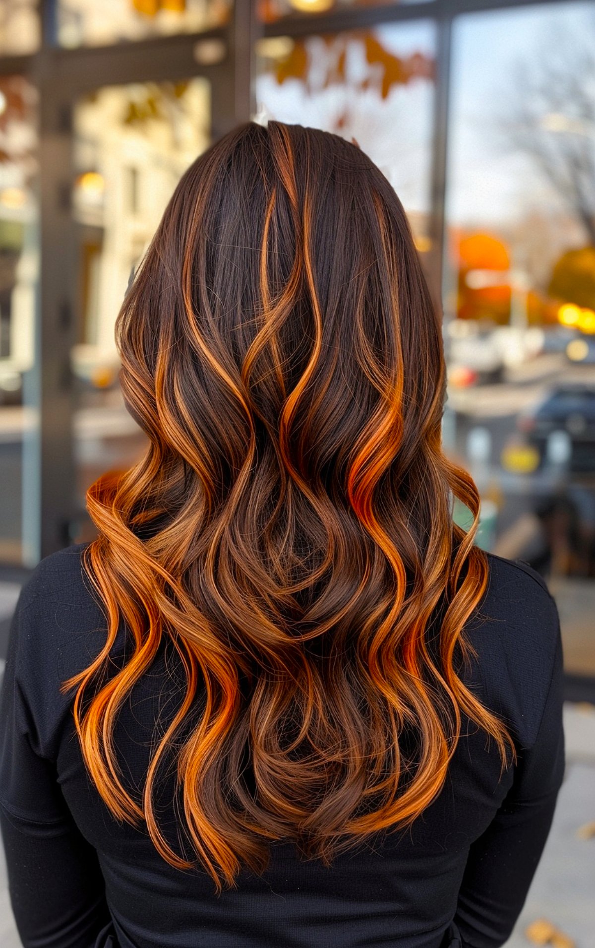 Brunette hair with orange highlights styled in loose waves for a fall-inspired Halloween look