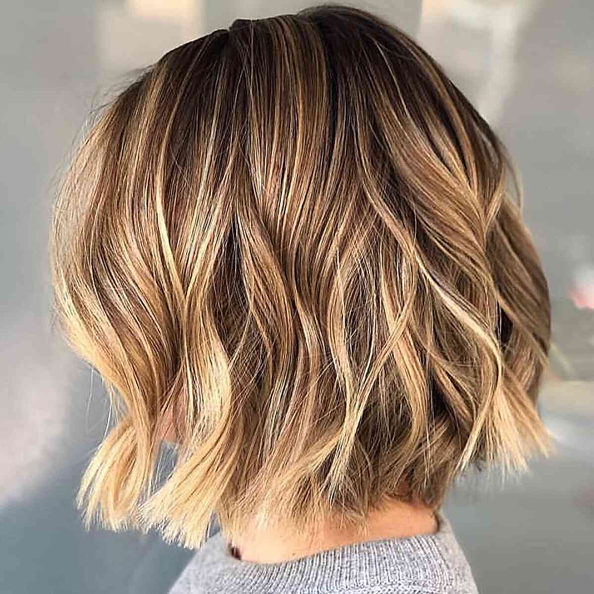 Caramel Blonde Balayage on Short Brown Bob