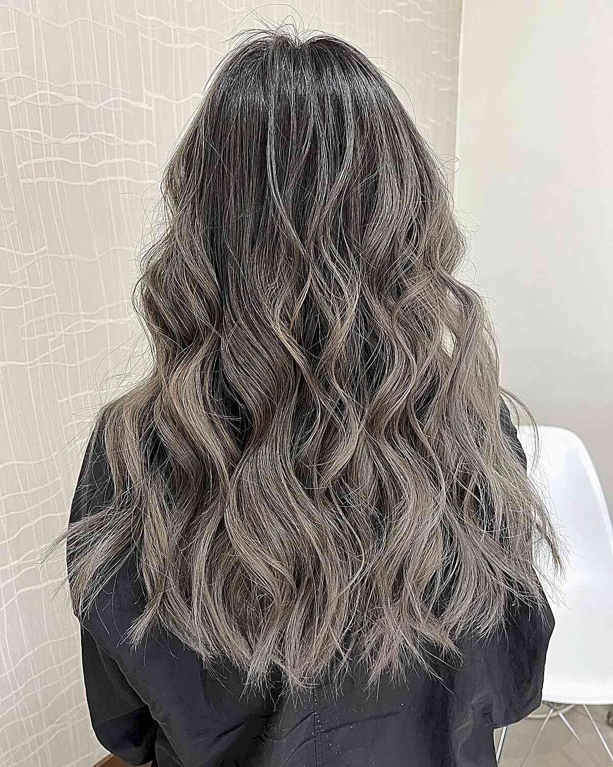 Charcoal Ash Grey Balayage with Long Beach Waves 