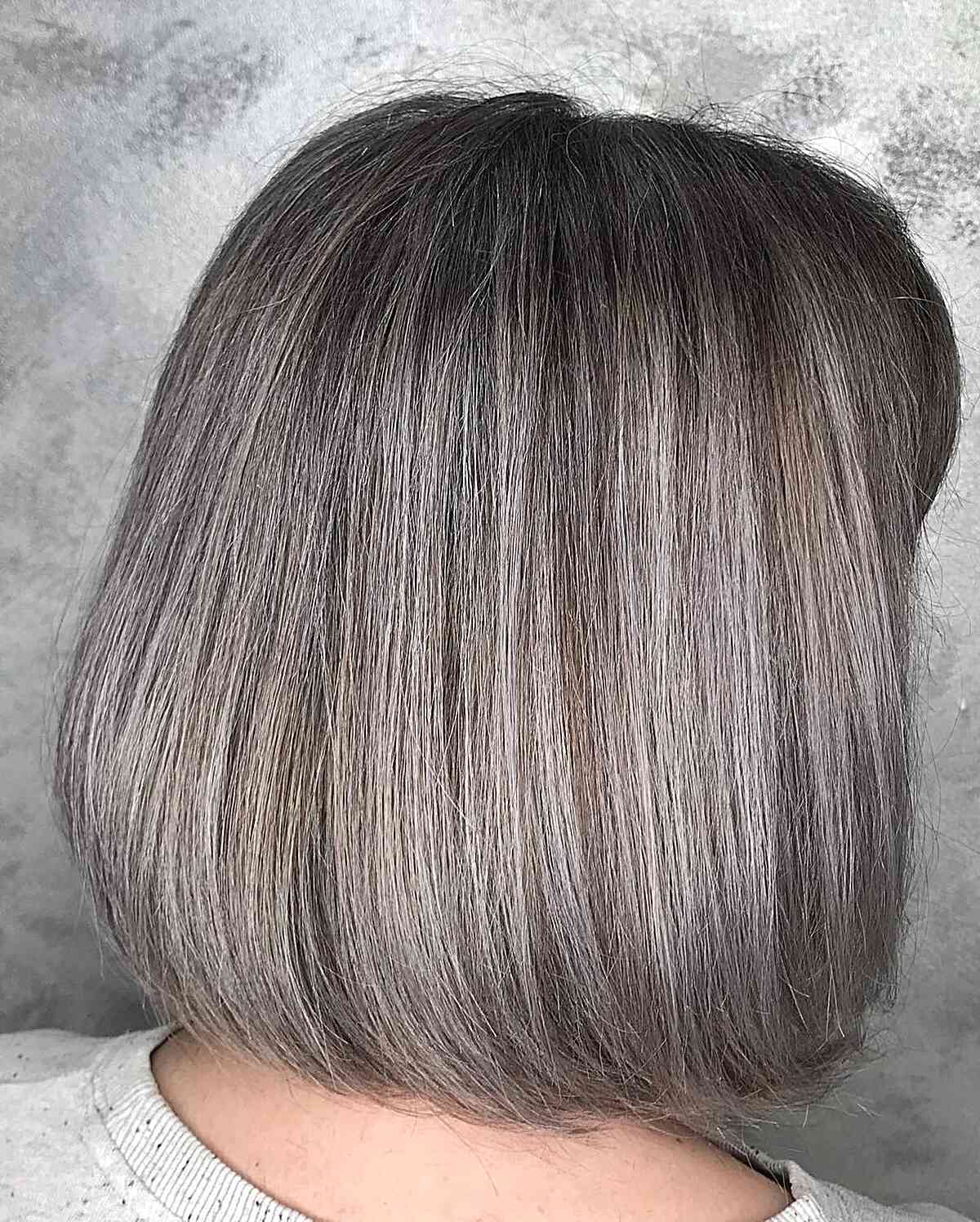 Chocolate Brown Neck-Length Bob with Soft Silver Tones Grey Balayage