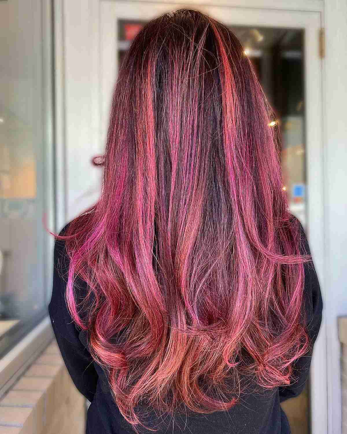 Dark Pink Balayage Highlights with Long Layers