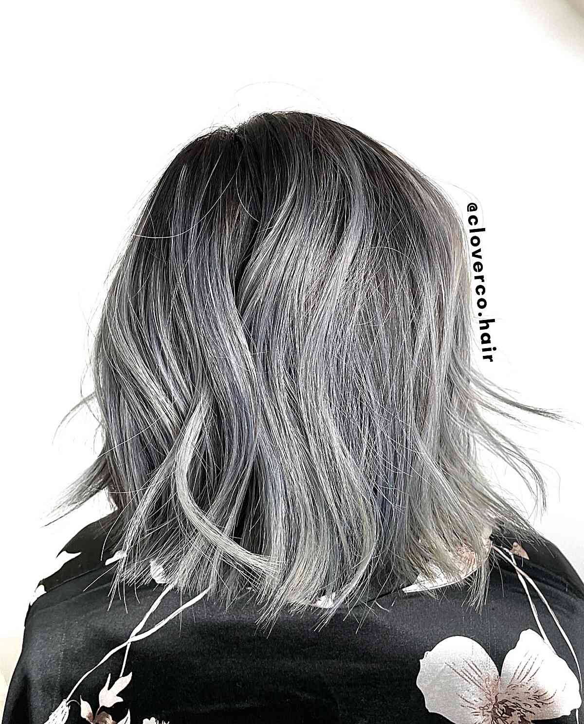 Dark-Rooted Platinum Grey Balayage for Short Bob