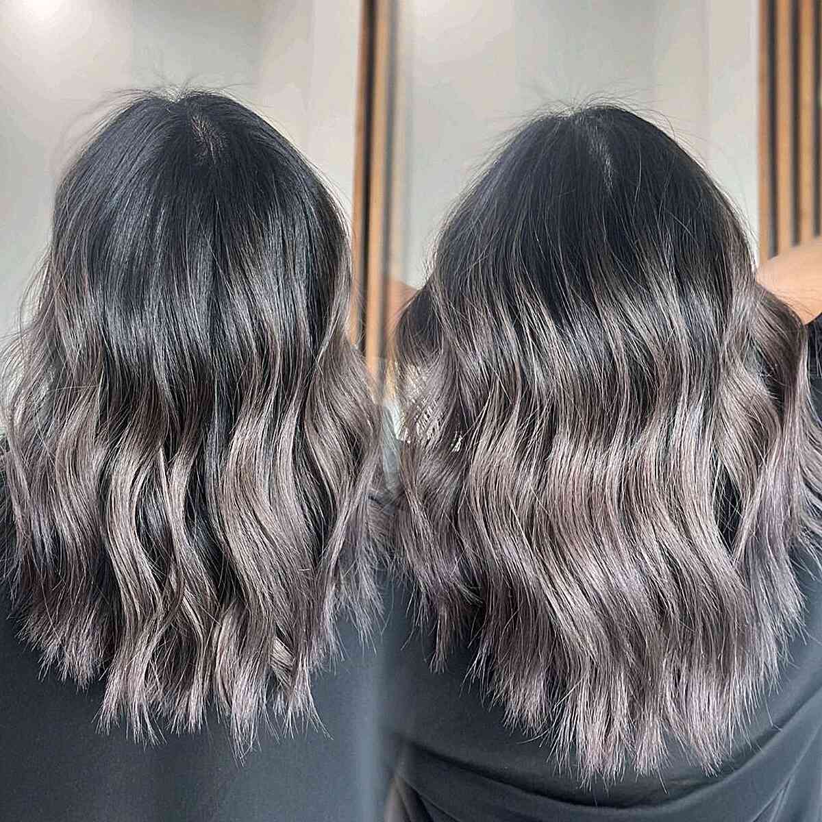 Deep Ashy Grey Balayage with Root Melt for Medium-Length Choppy Layers