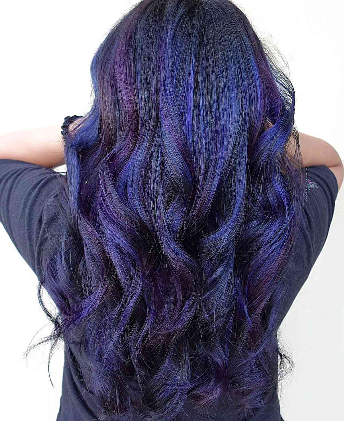 Deep Blue and Midnight Purple Accents on Long Hair