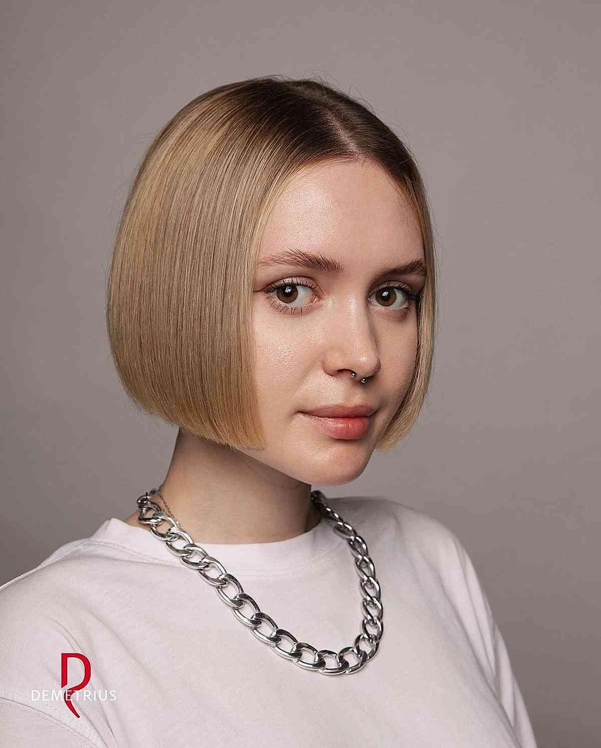 Jaw-Length Sleek Blonde Bob with Dark Roots