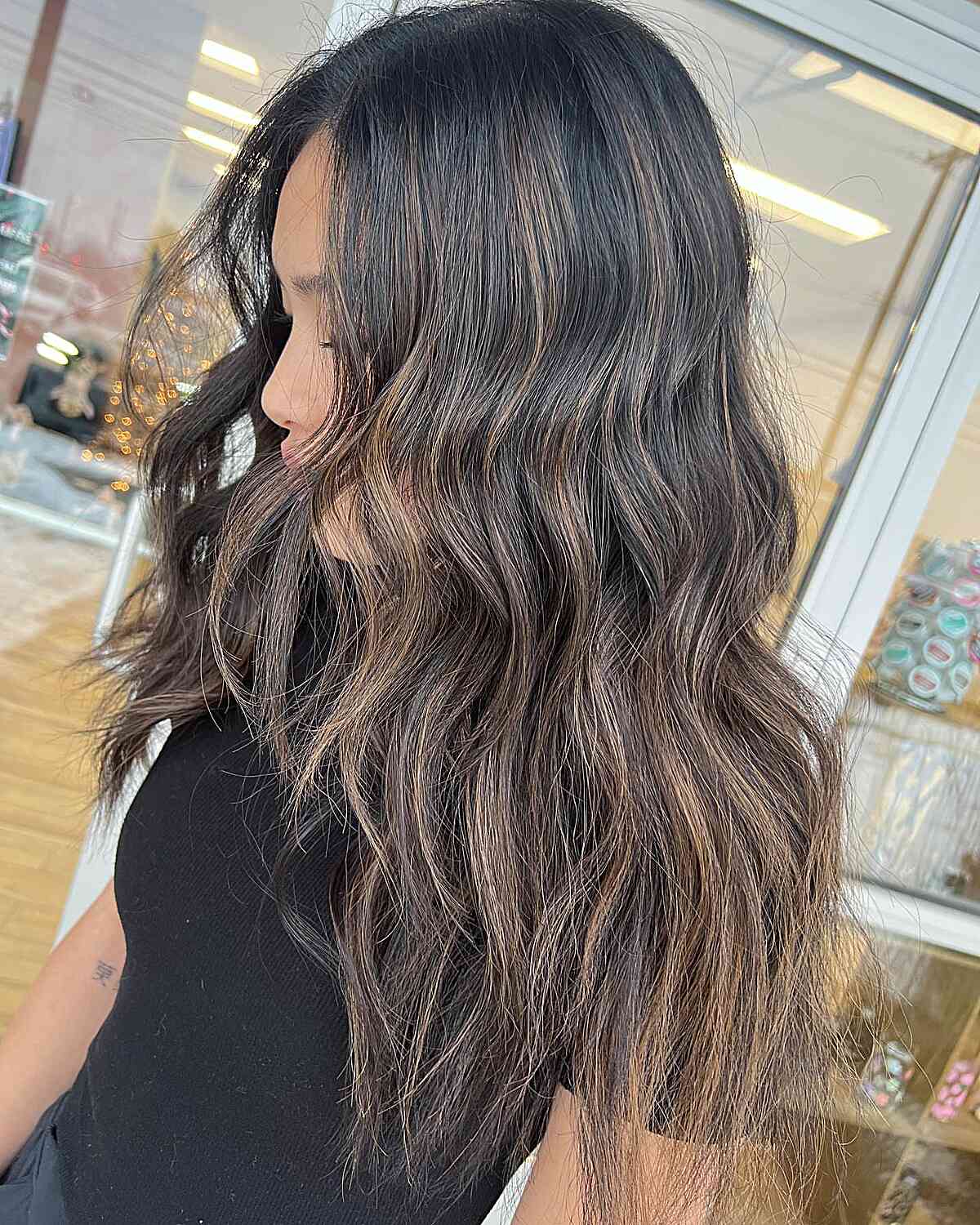 Light Brown Balayage Highlights on Long Black Dark Hair