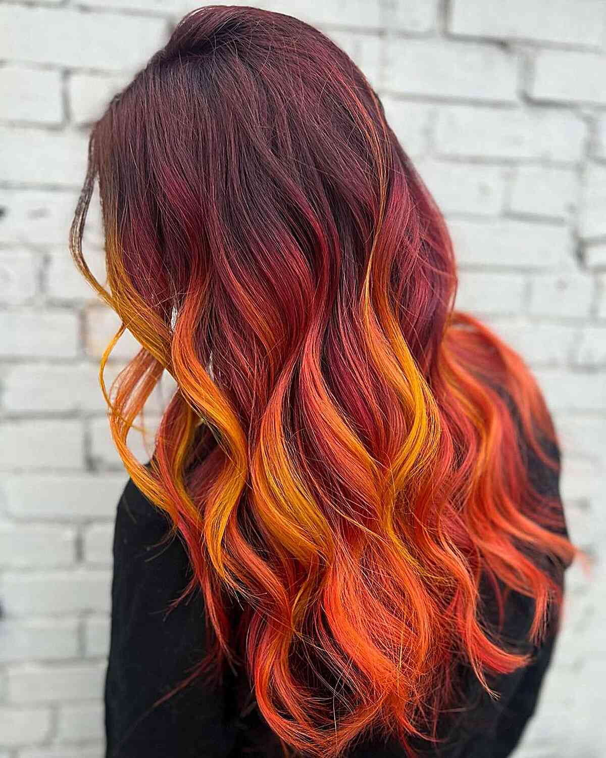 Long Dark Red Roots to Bright Orange Ends Ombre 