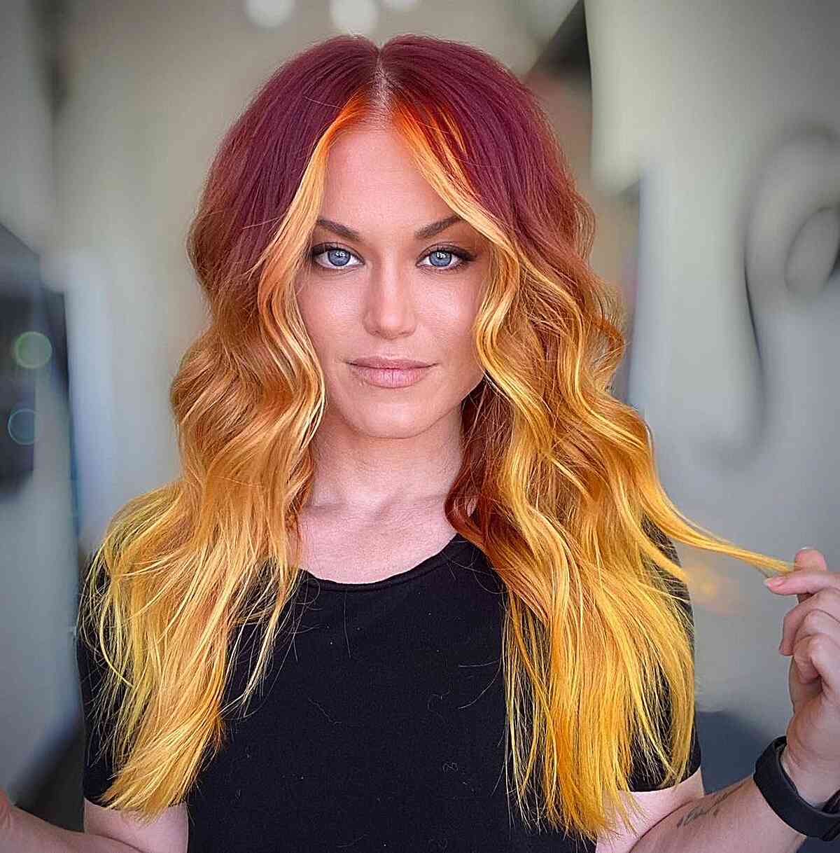 Long Ombre Red to Yellow Hair