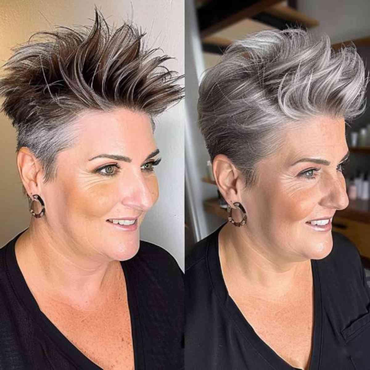 Mature woman with a glamorous textured pixie cut featuring silver streaks for volume and elegance.