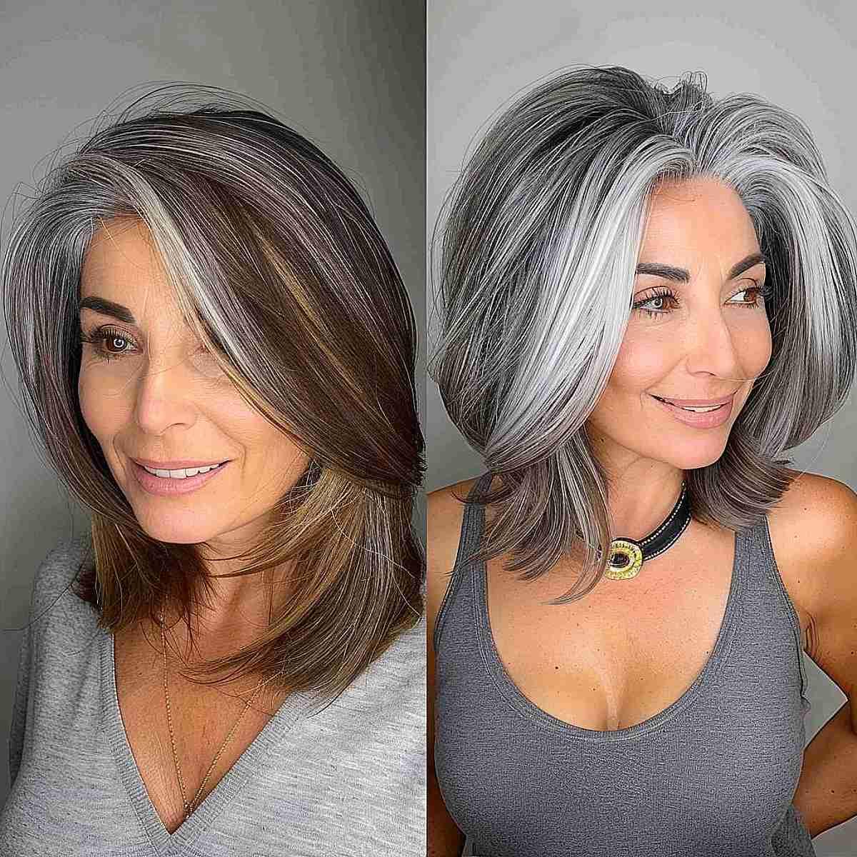 Medium-length fluffy platinum and silver balayage hairstyle on a mature woman