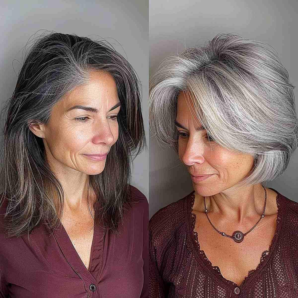 Medium-length lob with silver-grey balayage for mature women, showcasing a healthy shine and natural grey progression