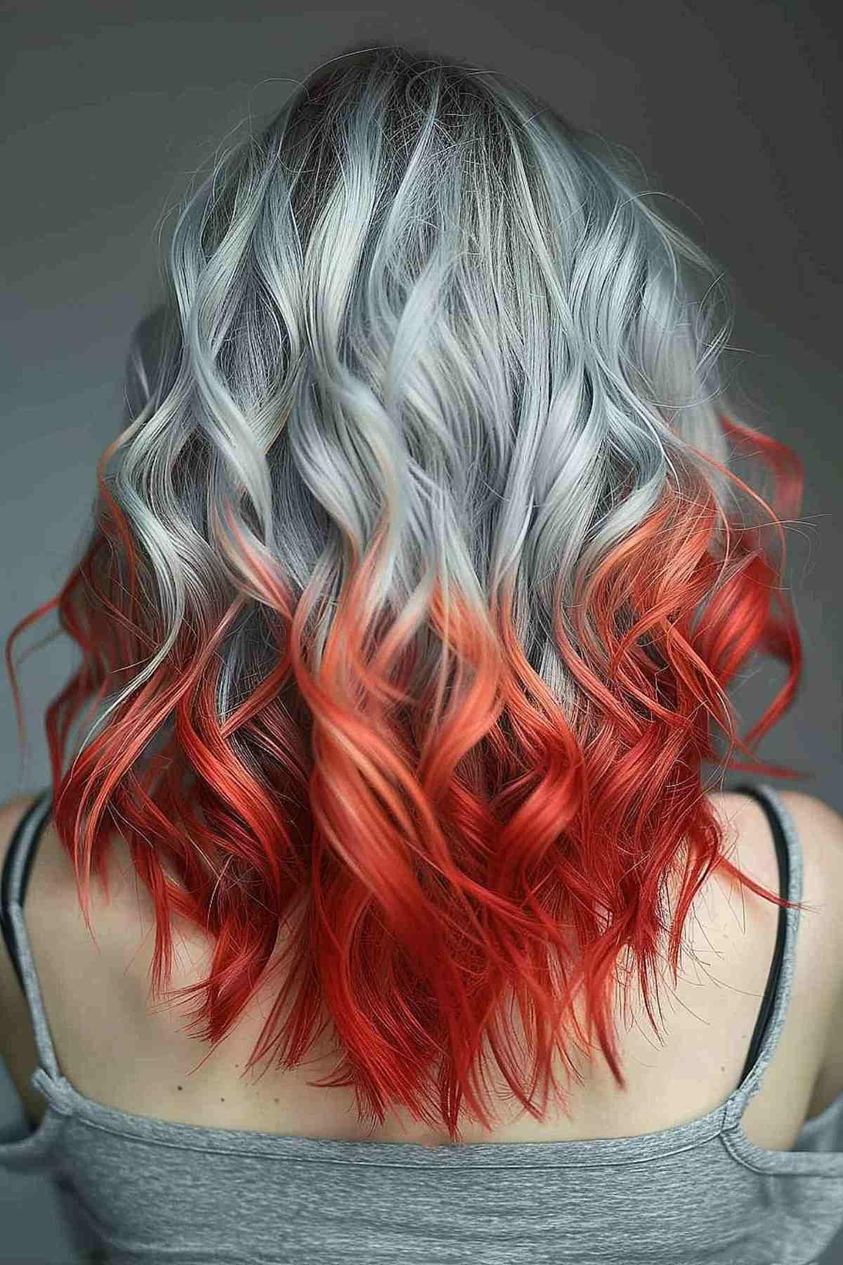 Medium-length wavy hair with a vivid silver to red ombre effect