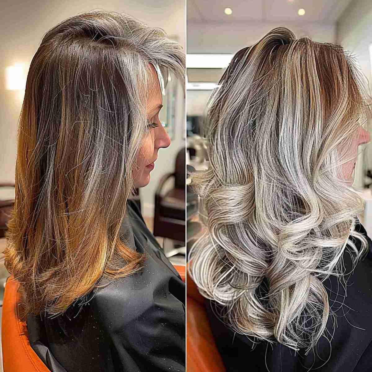 Mid-length hair transformed with blonde balayage makeover and styled waves