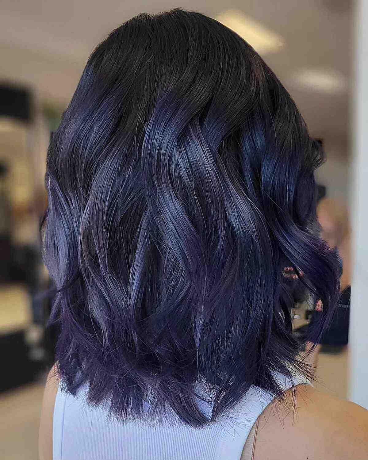 Midnight Dark Indigo Purple for Shoulder-Length Wavy Hair