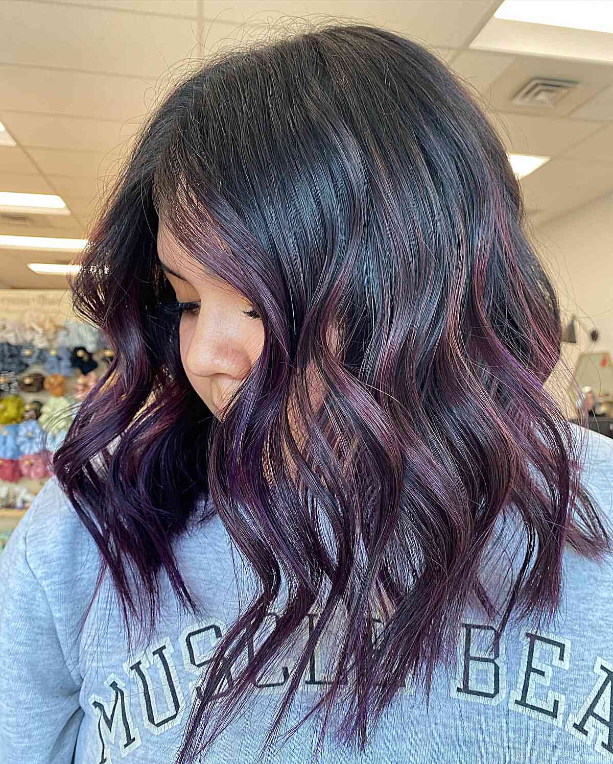 Midnight Purple Balayage Highlights for Black Mid-Length Hair