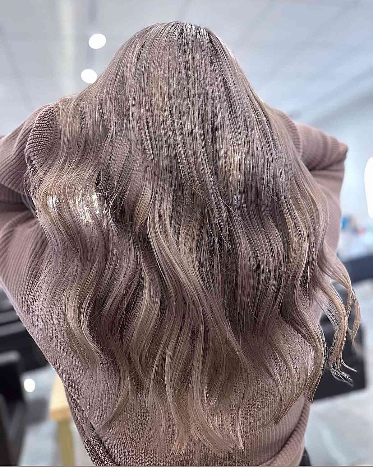 Milk Tea Beige Brown on Long Wavy Hair