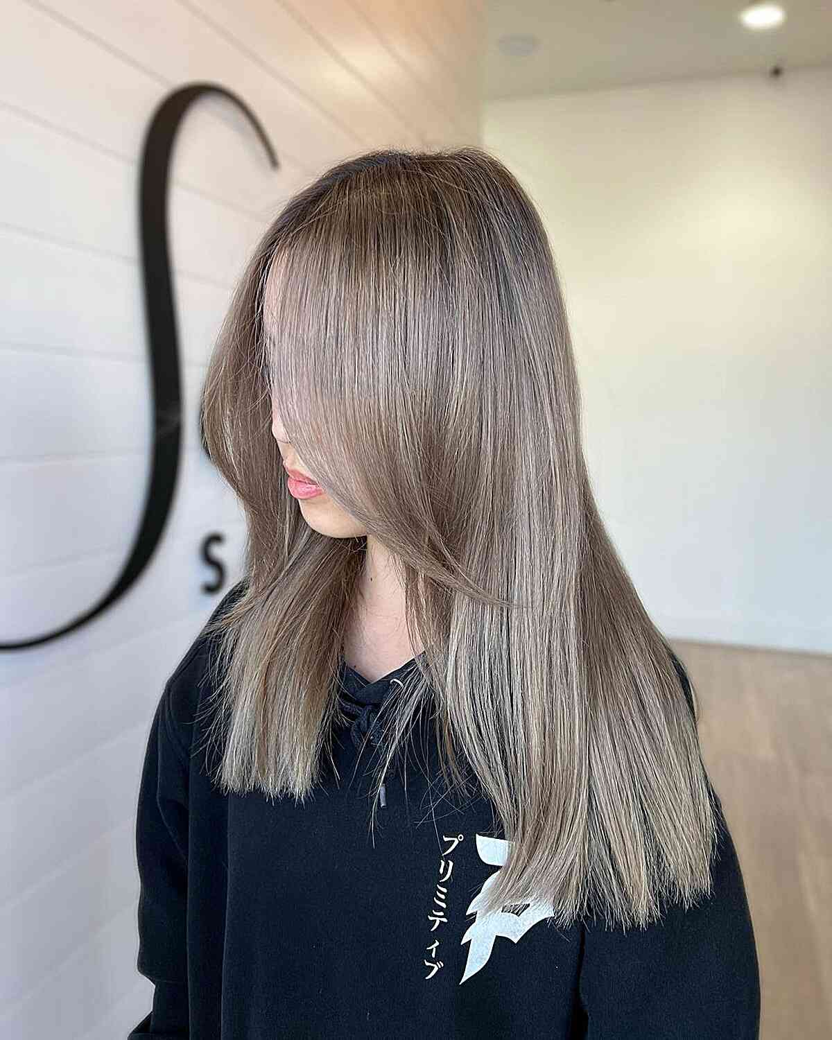 Milk Tea Color with Subtle Silver for Medium-Length Hair