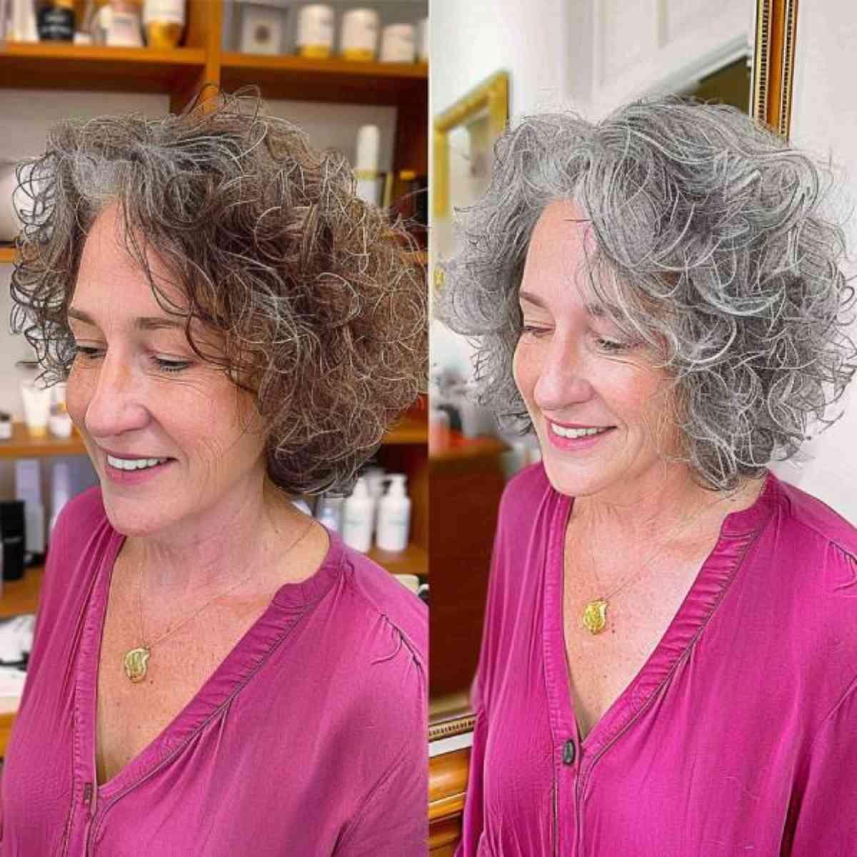 Natural silver medium-length curly hair transformation showcasing a voluminous layered cut for mature women.