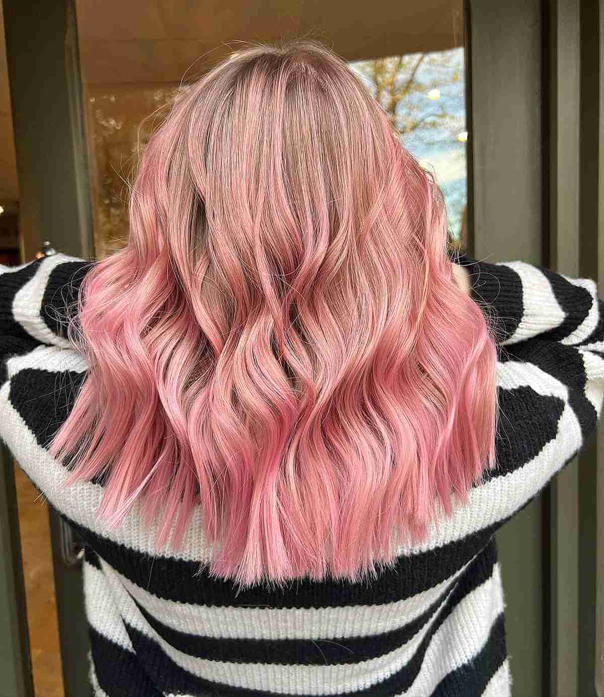 Peachy Pink Balayage on Light Brown Hair