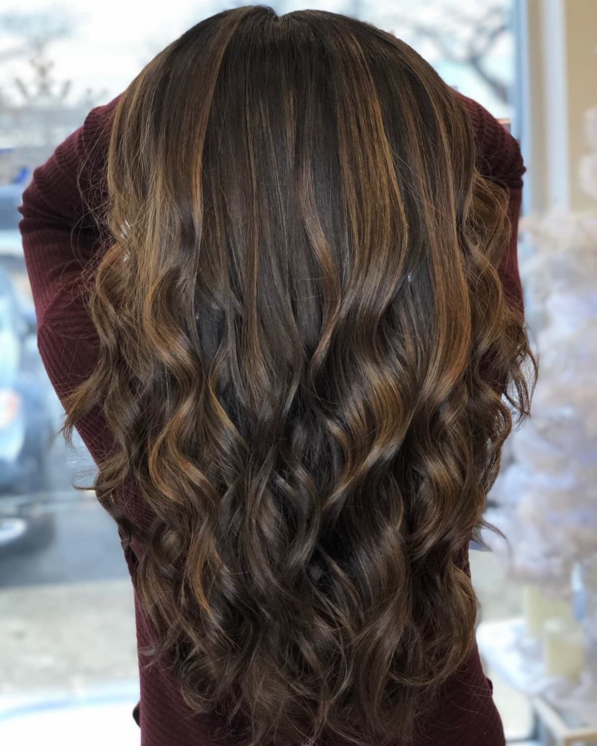 Popular espresso brown balayage on black hair