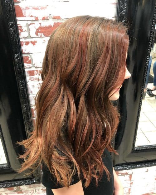 Red Balayage Highlights on Light Brown Base