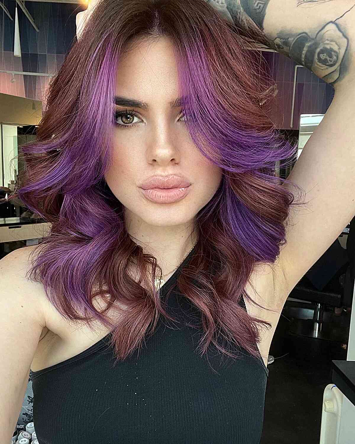 Sexy Brunette with Purple Highlights for ladies with middle parts and an edge