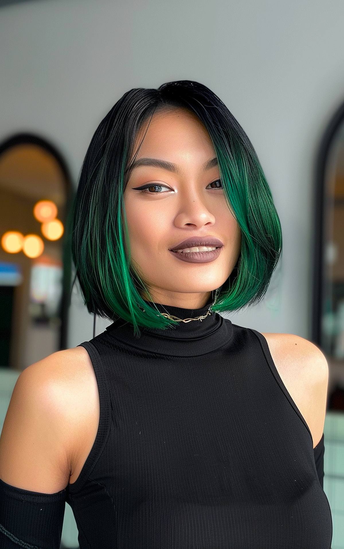 Short black bob with green ends for a sleek Halloween hair color