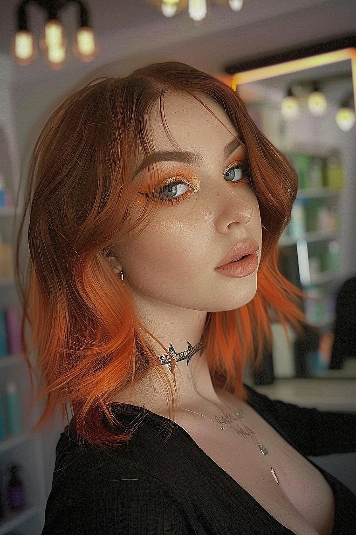 Short brown hair dyed in bright orange with soft waves and layers for a Halloween look