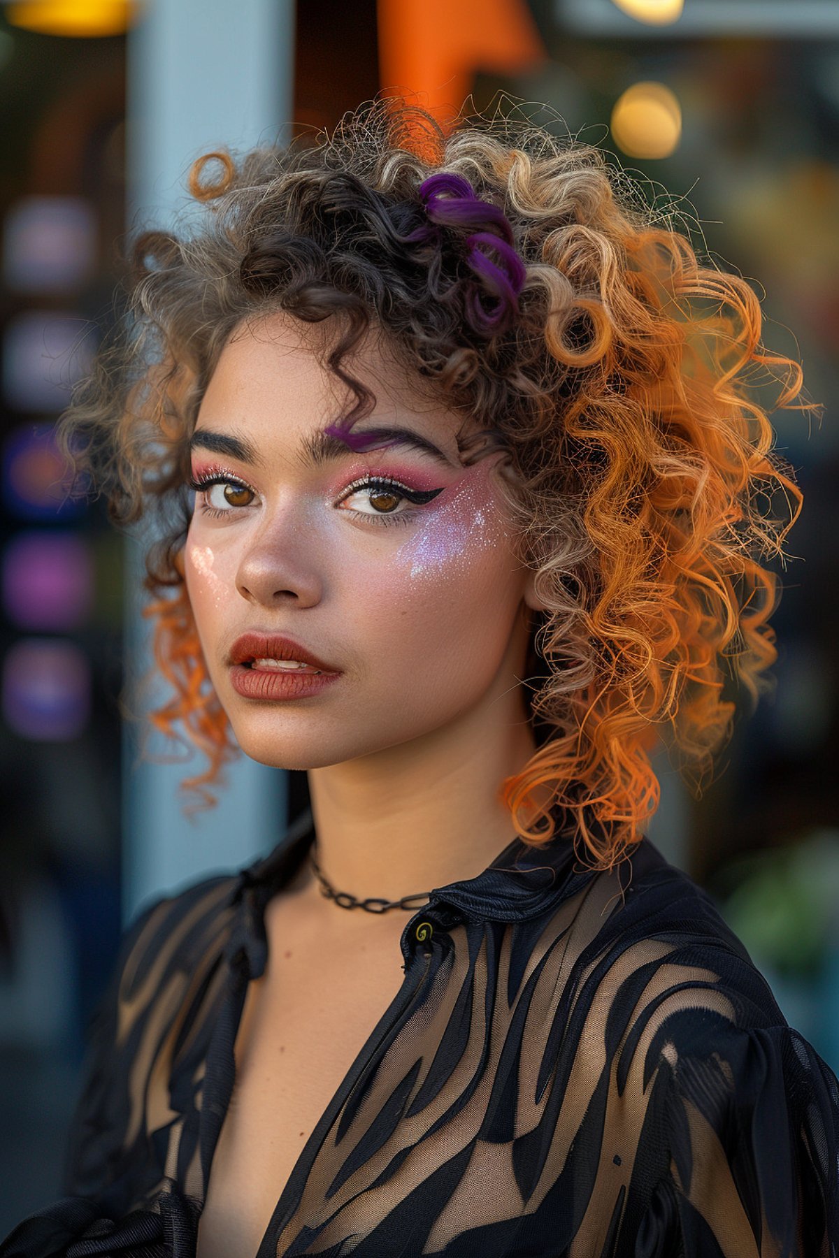 Short curly hair with orange highlights for a playful Halloween look