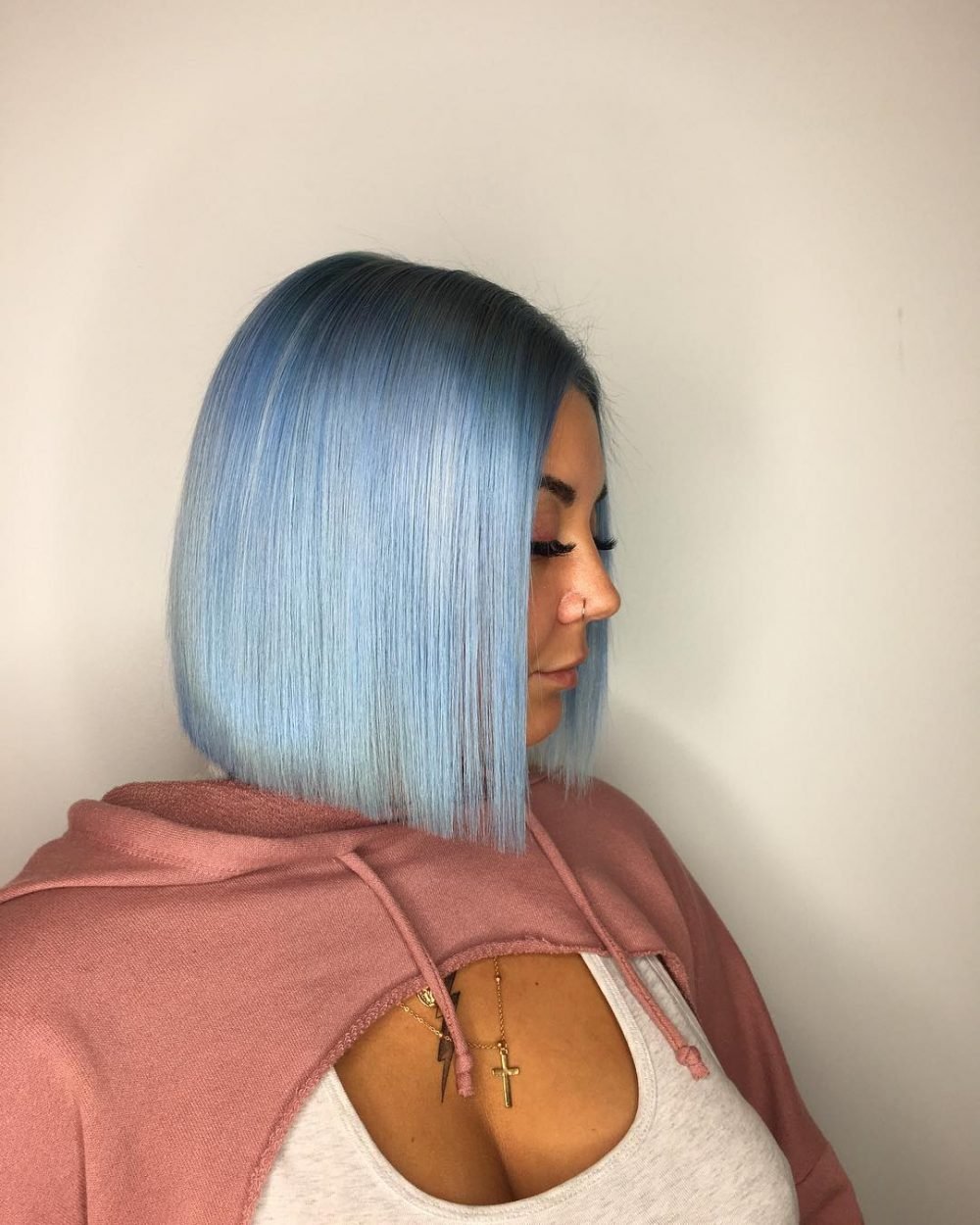 Shoulder-Length Rooted Blue Pastel Ombre